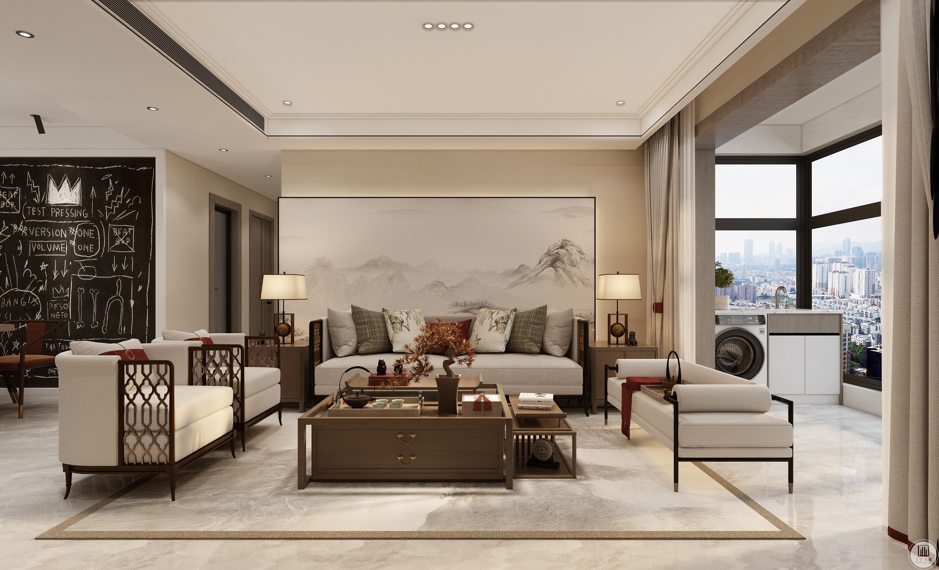 客廳是傳統與現代居室風格的碰撞，設計師以現代的裝飾手法和家具，結合古典中式的裝飾元素，來呈現亦古亦今的空間氛圍。